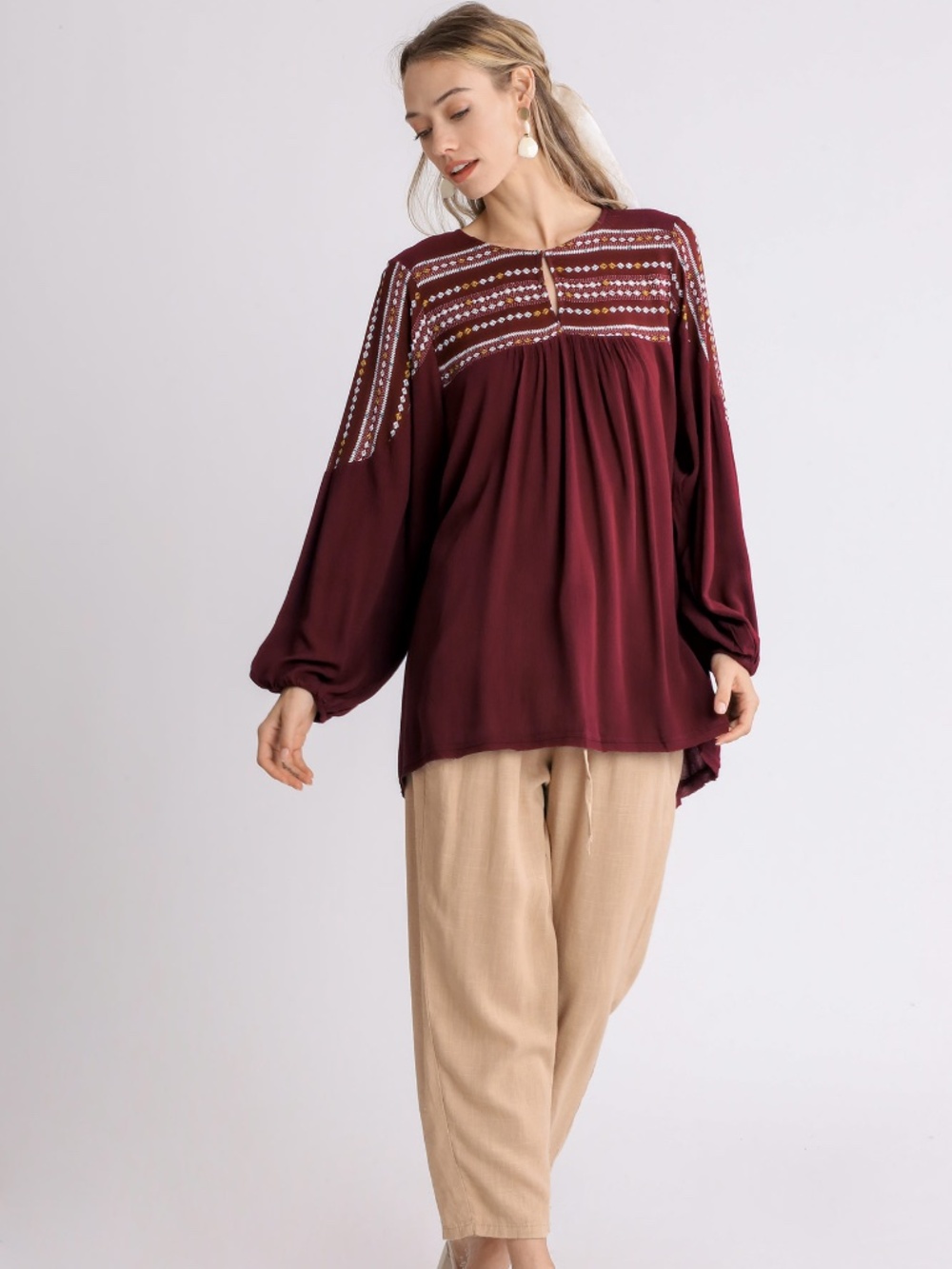 Umgee Boho Peasant Blouse NWT Flowy Top Sangria